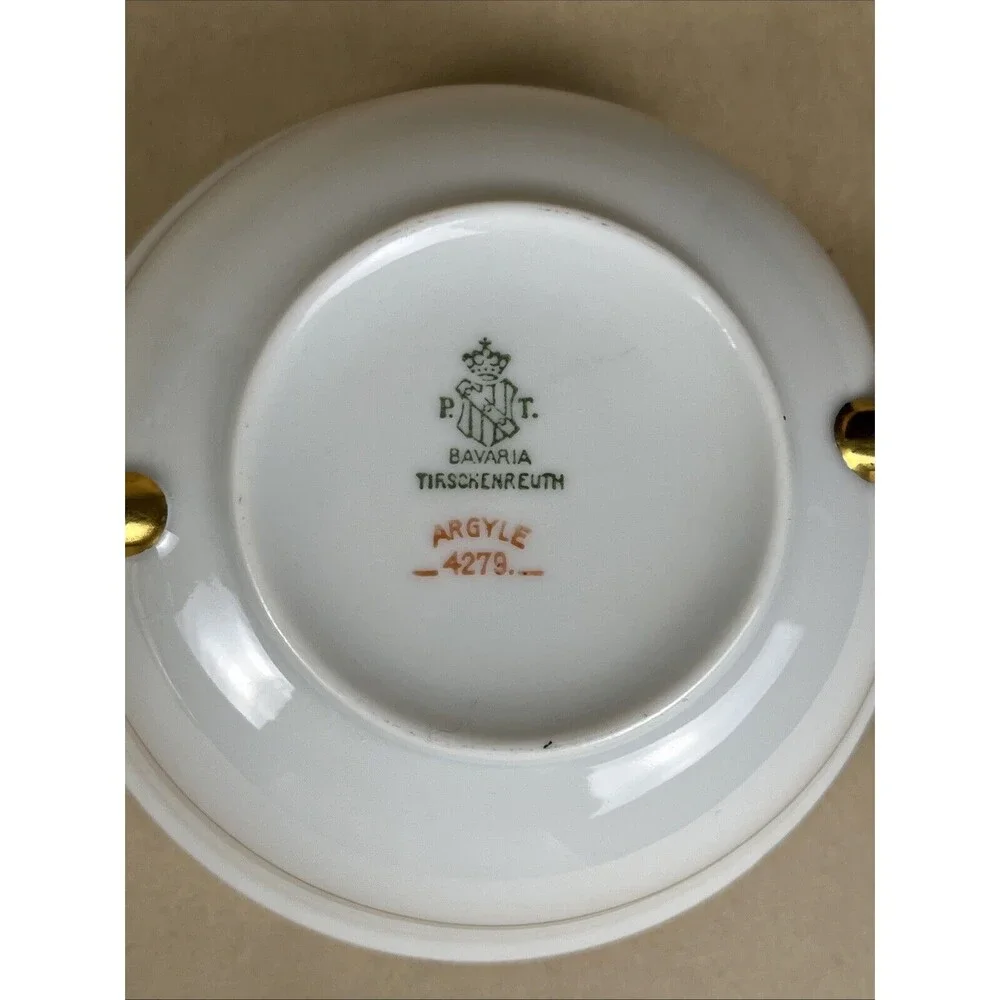HTF Tirschenreuth P.T. Bavaria ARGYLE4279 Cream Soup Bowl,Saucer Cobalt Gold Rim